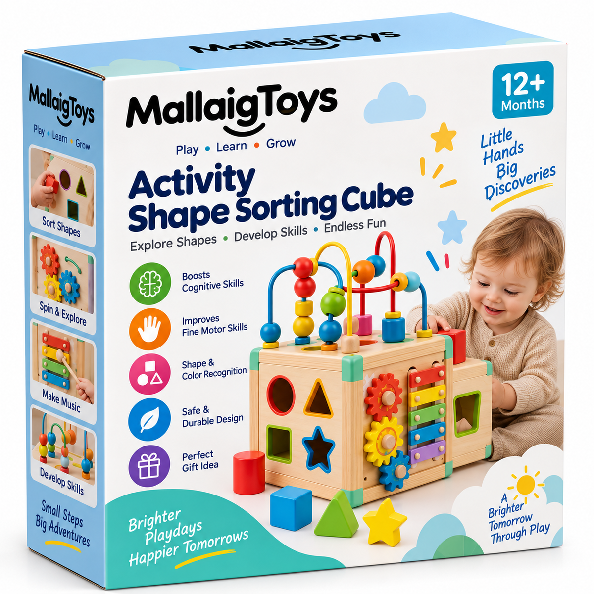 MallaigToys Wooden Activity & Shape Sorting Cube