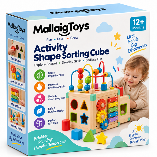 MallaigToys Wooden Activity & Shape Sorting Cube